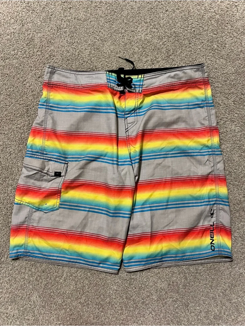 O'Neill Men's Gray Swim Trunks with Rainbow Stripes, Men’s Size 36